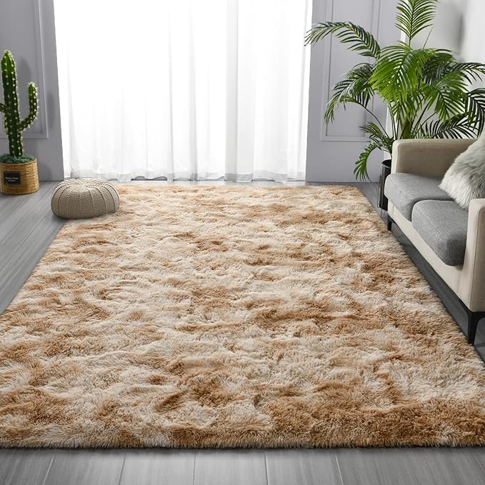 Deerhoo Large Shag Area Rugs 9 x 12, Tie-Dyed Plush Fuzzy Rugs for Living Room, Ultra Soft Fluffy Furry Rug for Bedroom, Indoor Carpet Nursery Rugs for Kids Room Home Decor, Beige