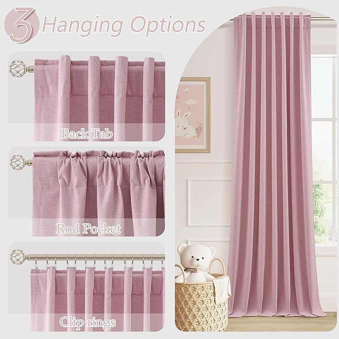 Guken 100% Blackout Curtains 102 Inch Length 2 Panels Set for Living Room Bedroom Back Tab Thermal Insulated Black Out Linen Drapes Room Darkening Rose,52x102