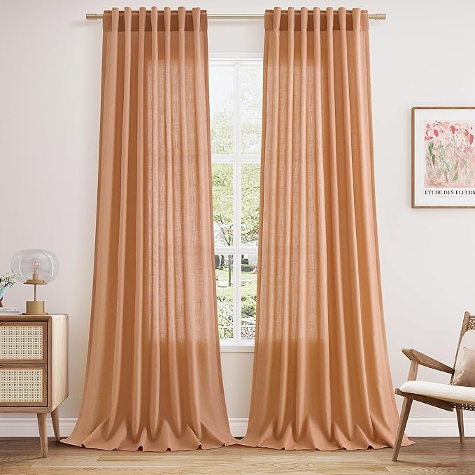 Peach Quartz Linen Curtains 102 Inch Length 2 Panels Back Tab Rod Pocket Semi Sheer Light Filtering Curtains Burlap High Window Living Room Neutral Farmhouse Decor for High Ceiling Spaces 52x102