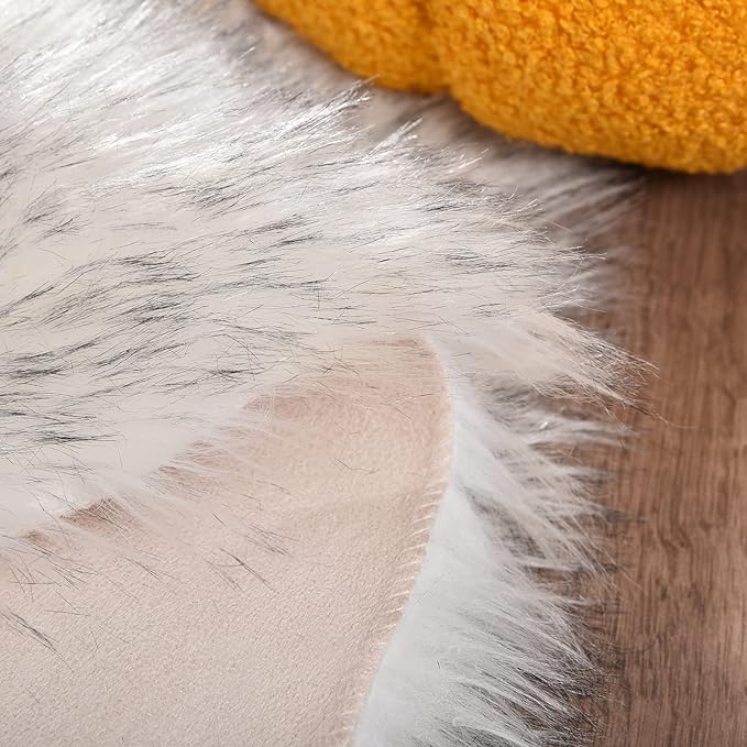 Goolela Round Sheepskin Rugs 4ft Circle Fluffy Faux Fur Rug Shaggy Rug for Bedroom Dorm Living Room Plush Shag - White with Grey Tips
