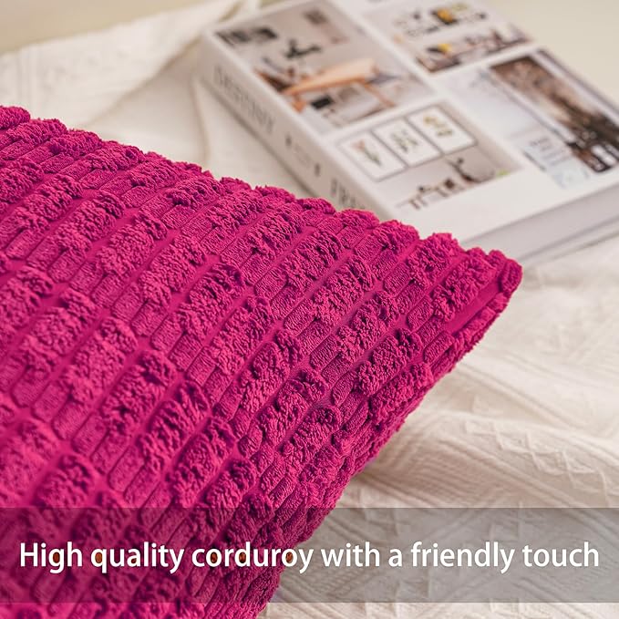 Pack of 2 Corduroy Decorative Throw Pillow Covers 18x18 InchSoft Boho Striped Pillow Covers Modern Farmhouse Home Decor for Sofa Living Room Couch Bed（Rose Red）