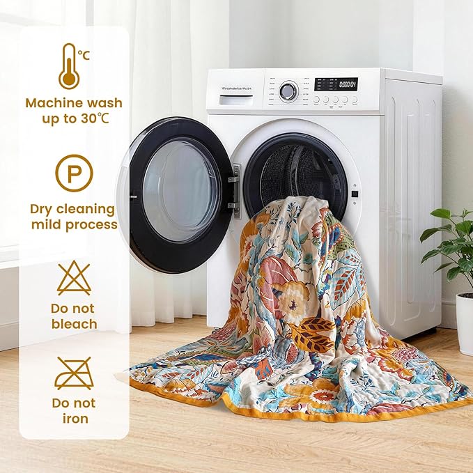 MSGKV Boho Throw Blanket 90"x90" Floral Cotton Blanket for Bed Spring Breathable Lightweight Farmhouse Queen Blankets Home Decor Muslin All Seasons