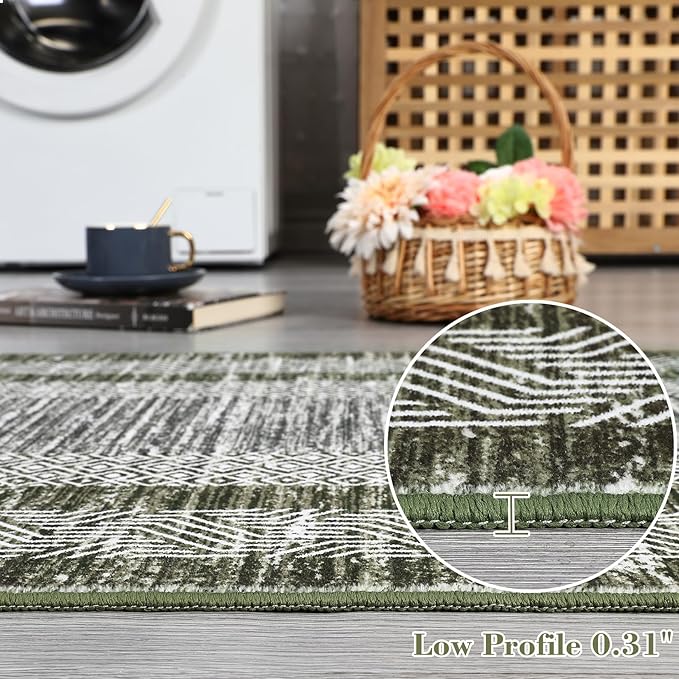 Washable 2.5x10 Kitchen Runner Rug, Easy Clean Geometri Rugs for Hallway Entryway, Indoor Outdoor Non Slip Rug Farmhouse Morden Carpet Door Mat Area Rug for Laundry Room Green