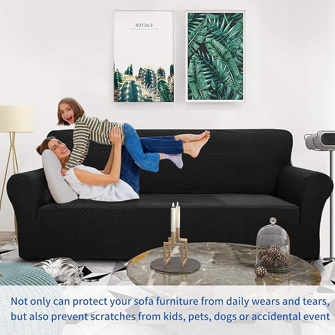 ZNSAYOTX 1 Piece Jacquard Couch Covers for 3 Cushion Couch Living Room High Stretch Sofa Cover Pets Dogs Friendly Anti Slip Thickened Slipcovers Furniture Protector (Sofa, Black)
