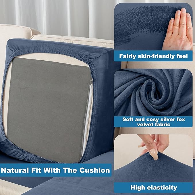 Couch Cover Stretch Velvet Sofa Cushion Cover 3-Piece - Elastic Washable Slipcover for Seat or Backrest, Couch Seat Covers for Sofas (Berlin Blue)