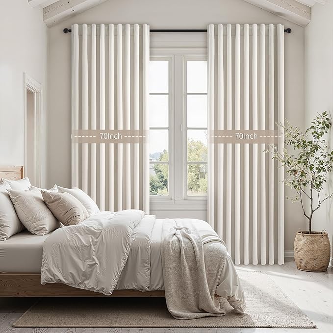 70 Inches Extra Wide Natural Linen Blackout Curtains 84 Inch Long for Living Room 100% Black Out Back Tab Pleated Drapes for Bedroom Winter Thick Window Energy Efficient 70"W x 84"L 2 Panels