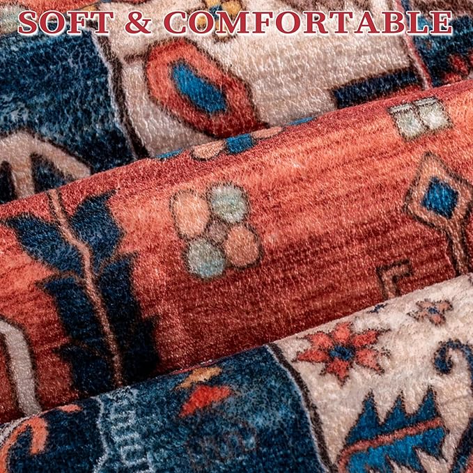 SERISSA 2x4 Boho Rugs for Entryway, Washable Non-Slip Kitchen Runner Rug, Ultra Soft Small Area Rug Vintage Rust Low-Pile Door Mat Indoor Entrance Carpet for Bedroom Hallway Laundry Room Bathroom