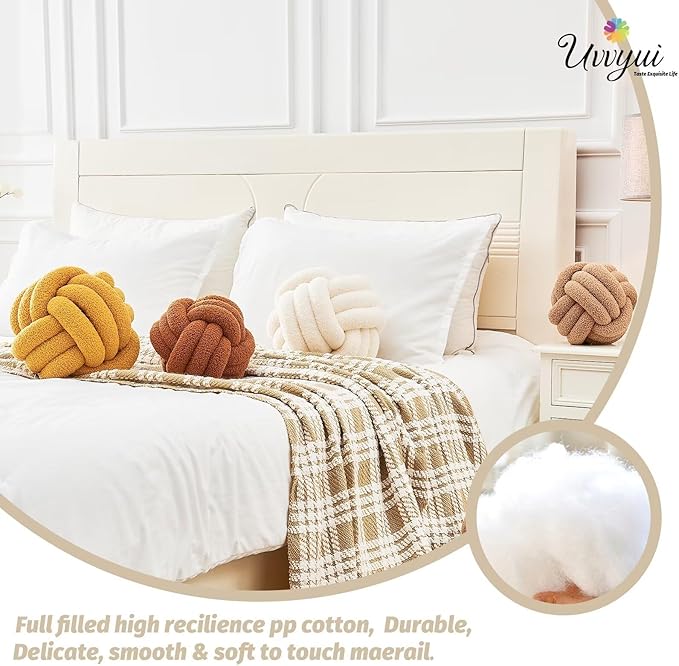 Uvvyui Knot Pillow Ball, Soft Home Decorative Pillows, Round Throw Pillow, Handmade Knotted Plush Pillow, Round Boucle Pillow Cushion (11 Inches Beige)