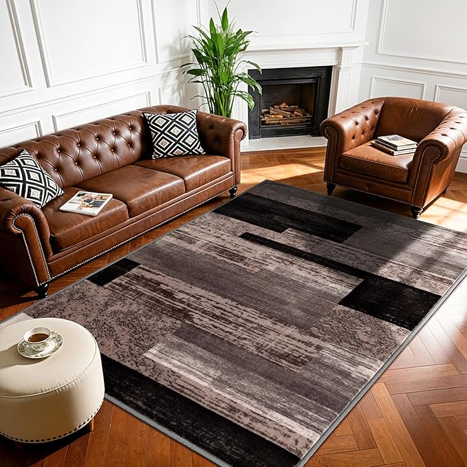 LIANLAM 4x6 Washable Area Rugs for Living Room and Bedroom, Vintage Checkered Pattern Non-Slip Carpet, Stain Resistant Low Pile Soft Rug for Dining Room,Office,Nursery,Kids Room(4x6,Chocolate)