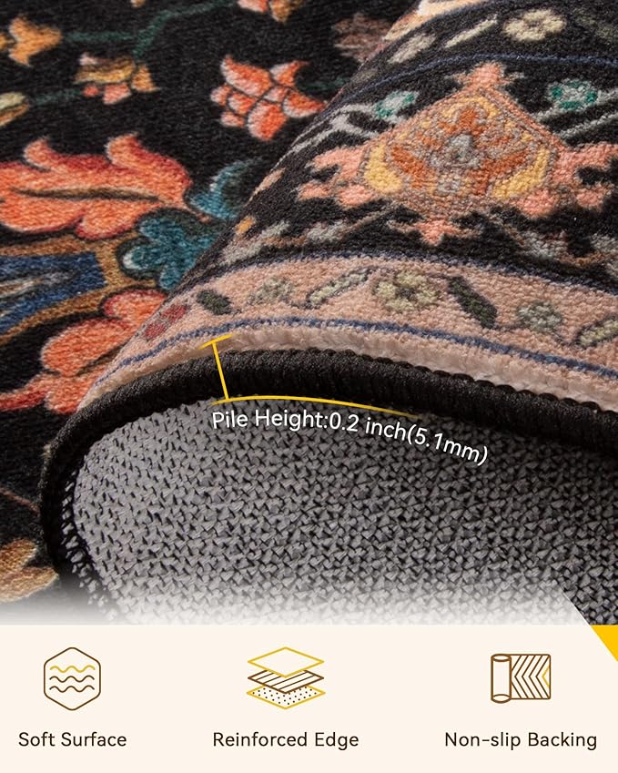 RELEANY Area Rugs Square 7ft Washable Non-Slip, Floral Vintage Distress Print Pattern Medallion Carpet for Living Room Bedroom Dining Room, Black Colorful Floral Dark Tan