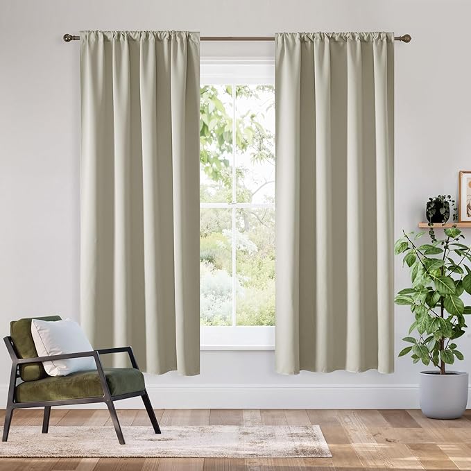 RYB HOME Bedroom Blackout Curtains 72 inches Long, 100% Blackout Thermal Insulated Noise Reducing Curtains for Living Room Nursury, 34 inches Wide by 72 inches Long, Natural