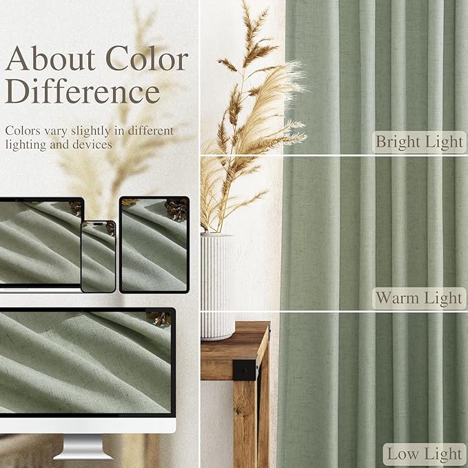 Desert Sage Linen Curtains for Living Room 105 Inches Long Light Filtering Semi Sheer Curtain Back Tab Rustic Farmhouse Decor Elegant Luxury Boho Drapes for Bedroom Dinner Room 52x105, 2 Panels