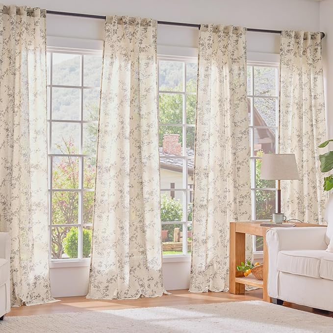Lazzzy Grey Floral Linen Curtains 96 Inch Farmhouse Back Tab Drapes for Living Room Bedroom Light Filtering Vintage Grandmillennial Rod Pocket Curtains, 2 Panels, W38 x L96, Grey on Beige