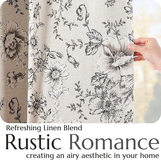 jinchan Blackout Floral Curtains for Living Room Bedroom Linen Blend Curtain Farmhouse Black Printed with Lined Back Tab Rod Pocket Drapes Window Treatments 2 Panels 120 Inch