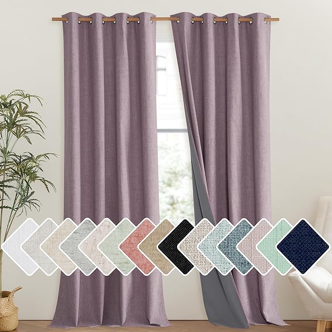 NICETOWN Chaise Mauve Vintage Linen 100% Blackout Curtains for Living Room, Thermal Insulated Curtains 102" Long, Noise Reducing Window Treatment Drapes for Hall Room, 52" Wide Per Panel, Set of 2