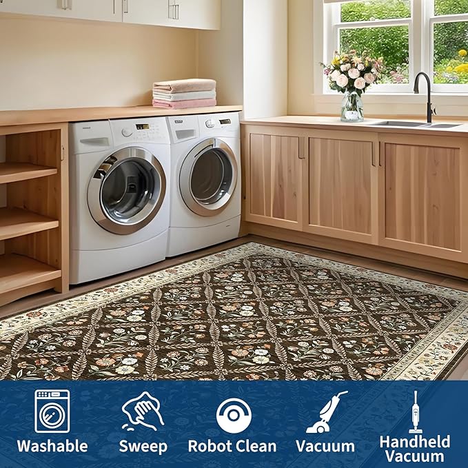 Washable Kitchen Rugs Non Slip 2x6 Hallway Runner Rug Stain Resistant Low Pile Floral Floor Rug with Rubber Backing Non Shedding Runners for Indoor Entryway Bedside Bedroom Farmhouse RV Brown Natural