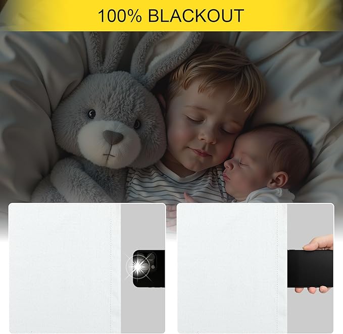 White Blackout Curtains 96 Inches Long 2 Panel Burg for Bedroom Thermal Insulated Total Black Out Boho Extra Wide Window Drape for Living Room Thick Linen Textured Soundproof Back Tab 8ft 52x96 Length