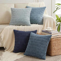 Fancy Homi Set of 4 Blue Decorative Throw Pillow Covers 12x12 Inch for Couch Bed Chair, Modern Farmhouse Boho Room Decor, Soft Fuzzy Corduroy Textured Striped Coastal Blue Cushion Case 30cm