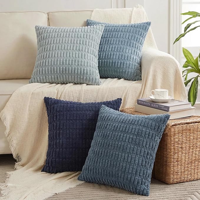 Fancy Homi Set of 4 Blue Decorative Throw Pillow Covers 14x14 Inch for Couch Bed Chair, Modern Farmhouse Boho Room Decor, Soft Fuzzy Corduroy Textured Striped Coastal Blue Cushion Case 35cm