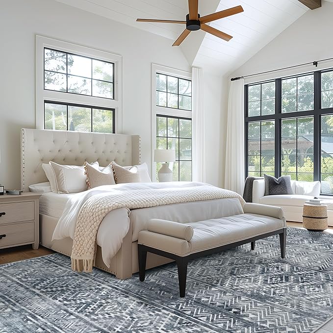 9x12 Area Rugs Washable Rug: Anti-Skid Abstract Modern Living Room Rug Soft Thin Carpets Indoor Floor Non-Shedding Carpet for Bedroom Dining Farmhouse Nursery Home Office (Blue Grey White, 9'x12')