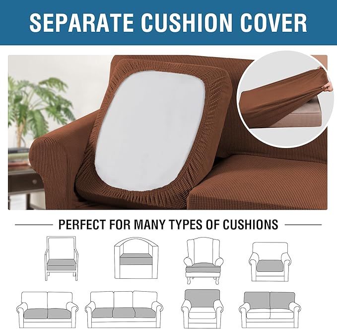 H.VERSAILTEX 4 Piece Stretch Sofa Covers for 3 Cushion Couch Covers for Living Room Furniture Slipcovers (Base Cover Plus 3 Seat Cushion Covers) Upgraded Thicker Jacquard Fabric (XL Sofa, Caramel)