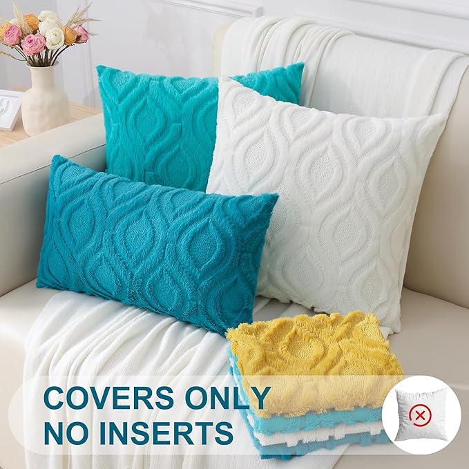 decorUhome Summer Throw Pillow Covers 20x20 Inch Set of 2, Soft Plush Faux Wool Teal Solid Couch Pillow Covers, Accent Farmhouse Neutral Square Pillow Cases for Sofa Bed Living Room