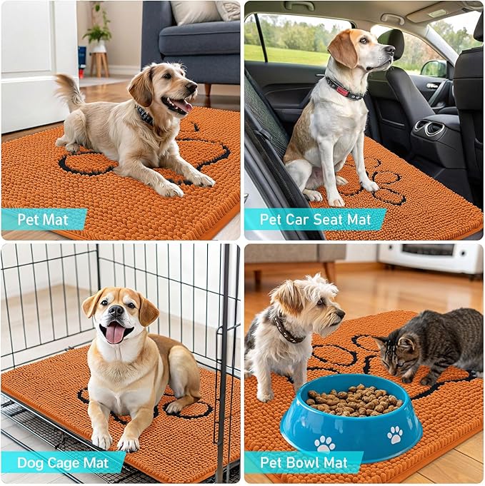 OLANLY Dog Door Mat for Muddy Paws 30x20, Paw Print Design, Absorbs Moisture and Dirt, Absorbent Non-Slip Washable Doormat, Quick Dry Chenille Mud Mat for Dogs, Entry Indoor Entryway Carpet, Clay