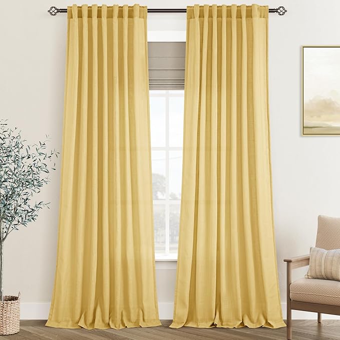 Gold Curtains for Living Room Back Tab Modern Farmhouse Semi Sheer Curtains 120 inches Long 2 Panels Set Muted Neutral Window Curtain for Dining Room Bedroom 52x120