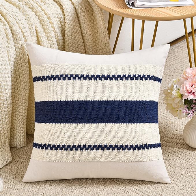 Fancy Homi Set of 1 Navy Blue Decorative Throw Pillow Covers 18x18 Inch for Couch Bed Sofa Living Room Office, Aesthetic Modern Organic Farmhouse Home Decor, Soft Cotton Woven Textured Cushion Case