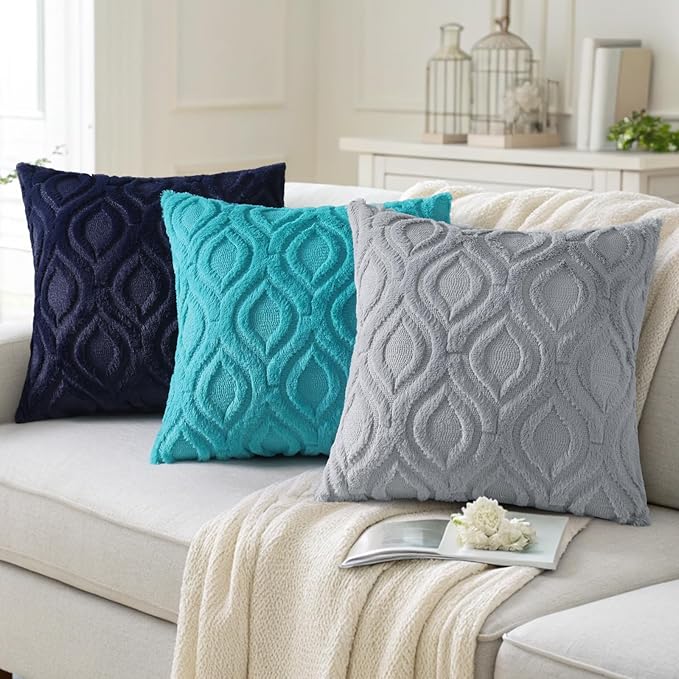 decorUhome Throw Pillow Covers 24x24 Inch Set of 2, Soft Plush Faux Wool Blue Grey Solid Couch Pillow Covers, Accent Euro Sham Farmhouse Neutral Square Pillow Cases for Sofa Bed Living Room