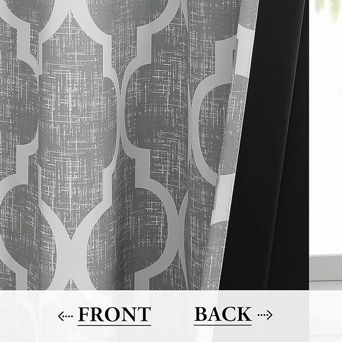 Beauoop 100% Blackout Curtains 72 Inches Long 2 Panels for Bedroom Living Room Grey Moroccan Geo Room Darkening Thermal Insulated Soundproof Grommet Top Window Treatments Drapes, 50x72 Set of 2