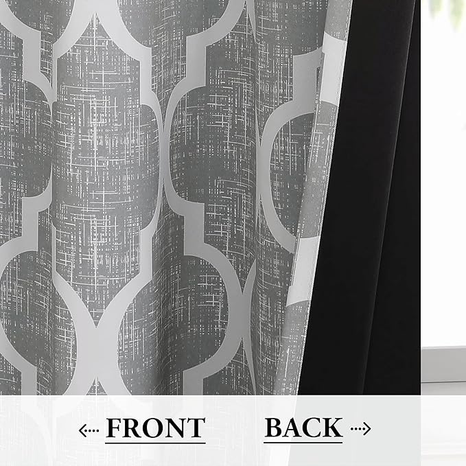 Beauoop 100% Blackout Curtains 63 Inches Long 2 Panels for Bedroom Living Room Grey Moroccan Geo Room Darkening Thermal Insulated Soundproof Grommet Top Window Treatments Drapes, 50x63 Set of 2
