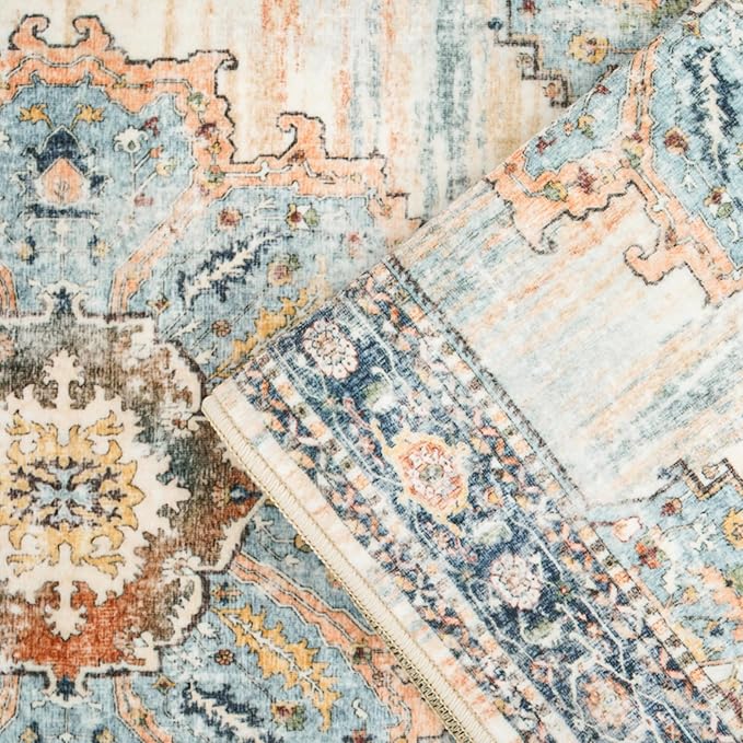 Washable Hallway 4x8 Runner Rug: Non-Slip Hallway Runner Rug Stain Resistant Durable Soft Kitchen Rugs Low Pile Thin Indoor Carpet for Living Room Bedroom Bathroom (Blue, 4X8)
