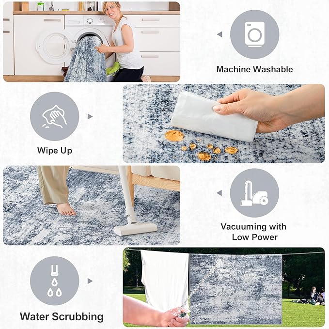 6x9 Area Rugs for Living Room - Washable Rug Modern Abstract Soft Large Neutral Non-Slip Carpet Indoor Floor Thin Carpets for Bedroom Dining Room Farmhouse Nursery Home Office Grey Blue