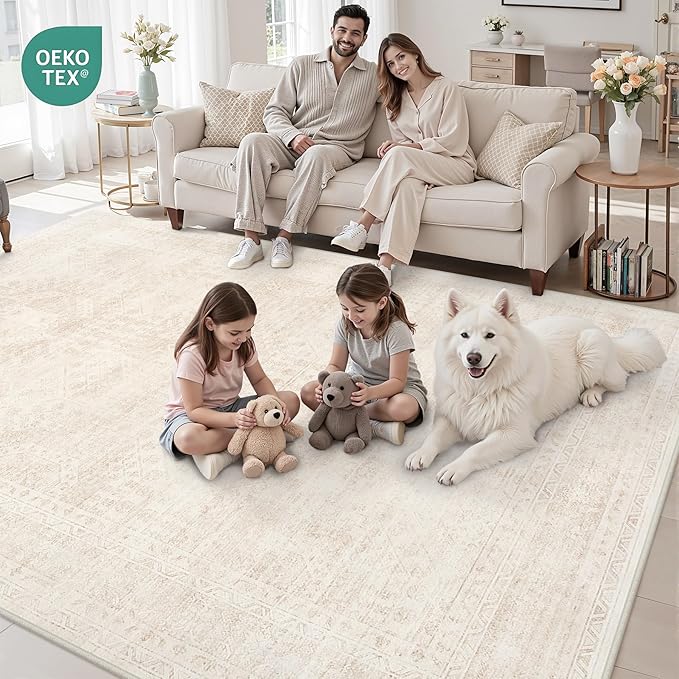 5x7 Area Rugs for Living Room: Vintage Boho Neutral Washable Rug Indoor Soft Large Area Rug Carpet for Bedroom Nursery Farmhouse Dining Room Office Floor Non-Slip Low Pile Under Table Rug Beige