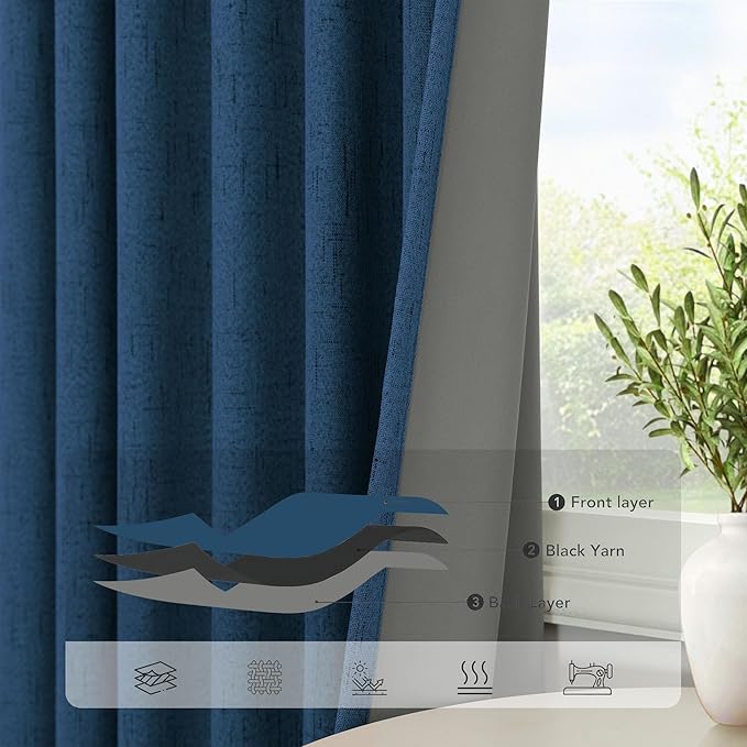 Pitalk Navy Blue Blackout Curtains for Living Room 84 Inch Length 2 Panels Set Back Tab Pocket Faux Linen Window Drapes Thermal Insulated Room Darkening Curtain for Bedroom Boys 52 x 84 Long Dark Blue