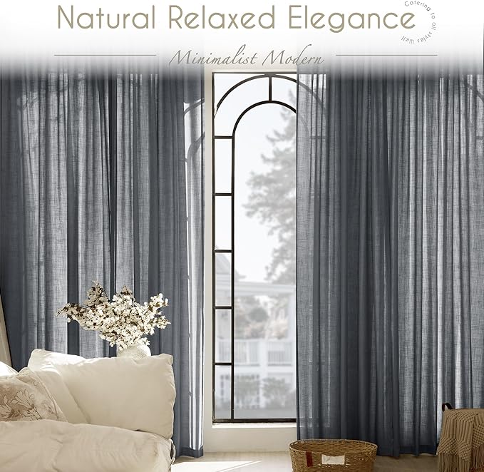 Dark Gray Curtains for Living Room Back Tab Modern Farmhouse Semi Sheer Gray Curtains 120 inches Long 2 Panels Set Muted Neutral Window Curtain for Dining Room Bedroom 52x120