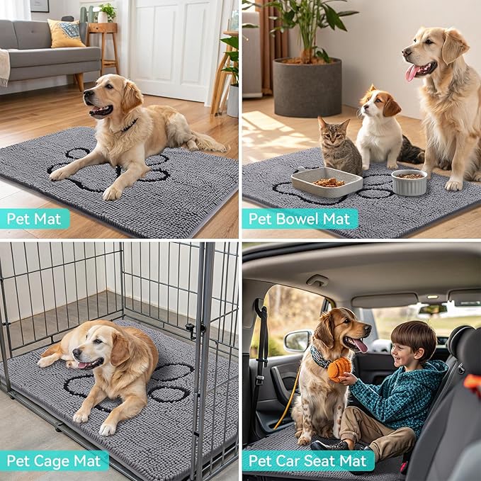 Smiry Dog Door Mat for Muddy Paws, Absorbent Dirt Trapper Non Slip Quick Dry Washable Chenille Mat for Mud Dogs, Entry Rug for Indoor and Outdoor (59x20 Inches, Grey and Black)