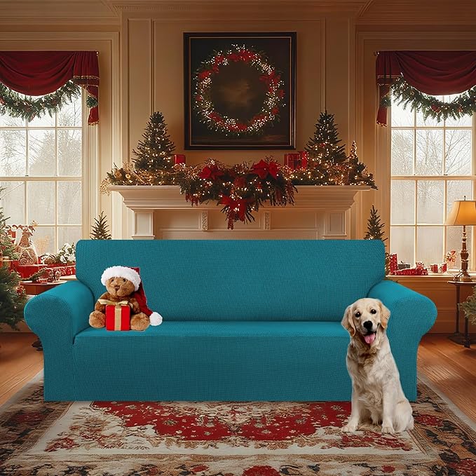 KEKUOU Stretch Oversized Sofa Slipcover 1 Piece Couch Sofa Cover (94"-110") Furniture Protector 4 Seater Sofa with Elastic Bottom for Kids,Pet.Jacquard Checked Pattern Fabric(X Large,Peacock Blue)