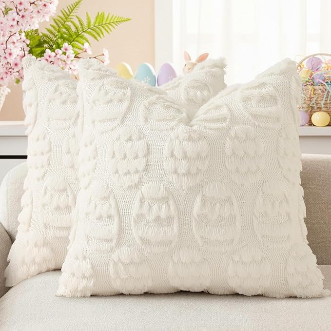 decorUhome Easter Cream White Egg Pillow Covers 16x16 Inch Set of 2, Soft Plush Faux Wool Jacquard Cushion Covers, Farmhouse Neutral Fuzzy Spring Easter Holiday Decor for Couch Sofa Bed