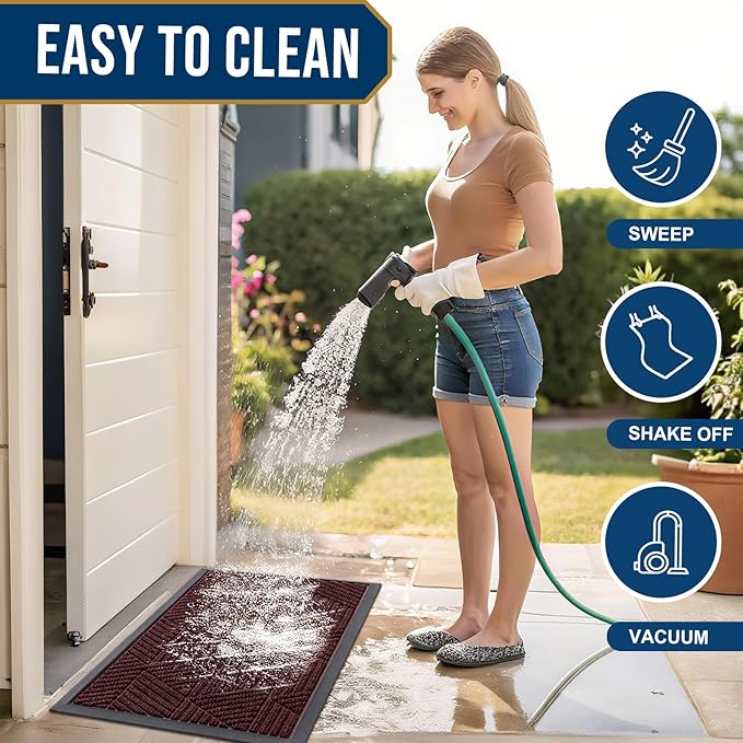Smiry Front Door Mat Outside Entrance, Heavy Duty Sturdy Natural Rubber Doormat, Trap Dirt and Moisture, Easy Clean Low Profile Mats for Indoor Outdoor Entry, Irregular Triangle (29.5x17, Dark Red)
