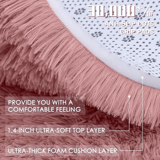 OLANLY Pale Pink Round Rugs for Bedroom - Machine Washable, 3 ft Circle Area Rugs for Living Room, Soft and Fluffy Shaggy Carpet for Teen Girls and Boys, Nursery Rooms, Dorms, Home Decor Aesthetic