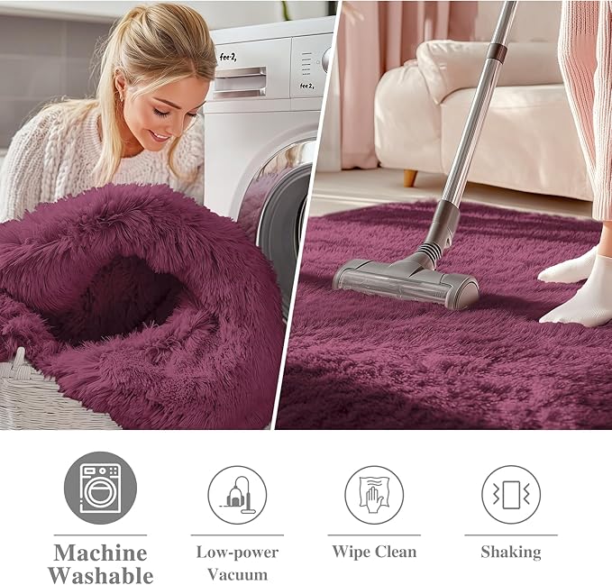 OLANLY Burgundy Round Rugs for Bedroom - Machine Washable, 6 ft Circle Area Rugs for Living Room, Soft and Fluffy Shaggy Carpet for Teen Girls and Boys, Nursery Rooms, Dorms, Home Decor Aesthetic