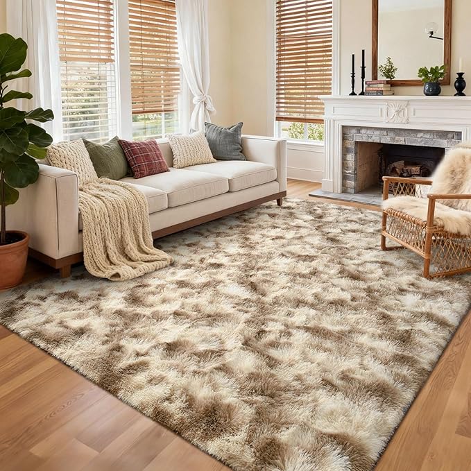 8x10 Ft Extra Large Shag Rugs for Living Room, Tie Dyed Ultra Soft Fluffy Furry Area Rugs for Bedroom Indoor Floor, Aesthetic Carpet for Kids Home Decor (Khaki)