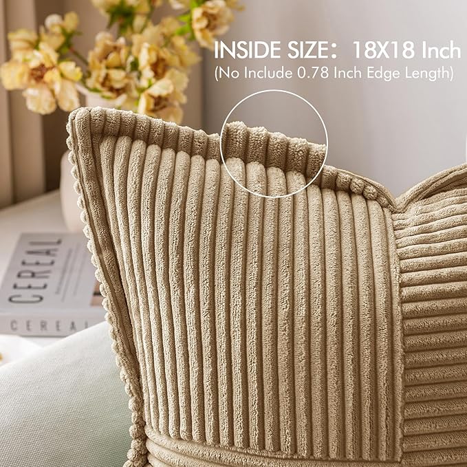 MIULEE Decorative Throw Pillow Covers for Couch Bed Livingroom 18x18 Inch Set of 2 Khaki Boho Accent Throw Pllows Broadside Striped Patchwork Soft Corduroy Pillowcases