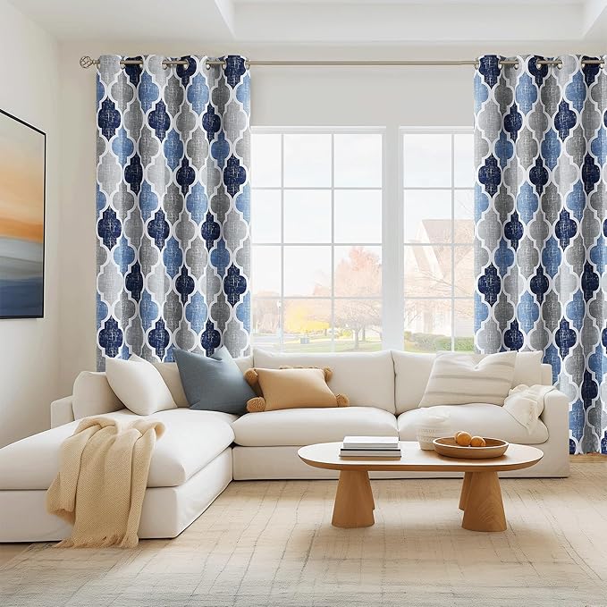 Beauoop 100% Blackout Curtains 96 Inches Long 2 Panels for Bedroom Living Room Blue Grey Moroccan Geo Room Darkening Thermal Insulated Soundproof Grommet Top Window Treatments Drapes, 50x96 Set of 2