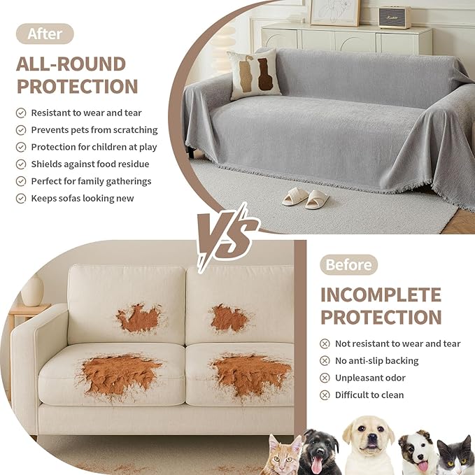 Couch Cover for Dogs, Boho Sofa Covers for 3 Cushion Couch, Chenille Sofa Slipcover for Pets Washable, L-Shape Sectional Couch Loveseat Cover Soft Throw Blankets with Tassels(71x118,Grey)