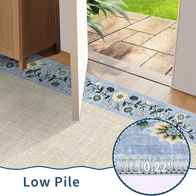 GarveeHome Entryway Rug 2x6 Modern Bordered Runner Rug Washable Kitchen Runners for Hallway Non-Slip Low-Pile Soft Carpet Floral Print Bathroom Mat for Bedroom Laundry Room, Beige
