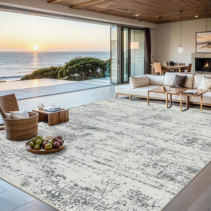 Area Rugs Living Room Rug - 4x6 Washable Modern Abstract Soft Neutral Non-Slip Carpet Large Indoor Floor Stain Resistant Thin Carpets for Bedroom Dining Room Farmhouse Nursery Home Office Grey