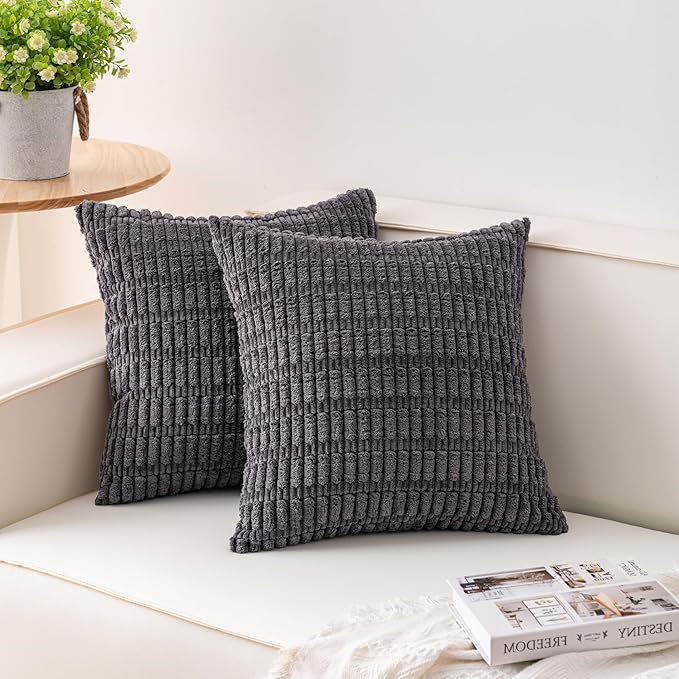 Pack of 2 Corduroy Decorative Throw Pillow Covers 24x24 InchSoft Striped Pillow Covers Modern Farmhouse Home Decor for Sofa Living Room Couch Bed（Dark Grey）